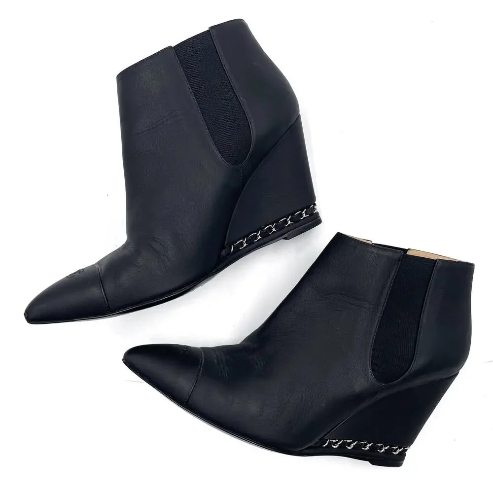 Chanel Wedge Booties Black Leather CC Logo Chain Pointed Ankle‎ Sz 37.5 / 7.5